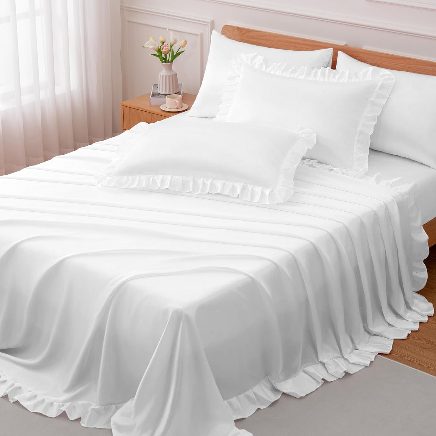 Pure White Ruffled 4-Piece Silk Bedding Set - Image 2