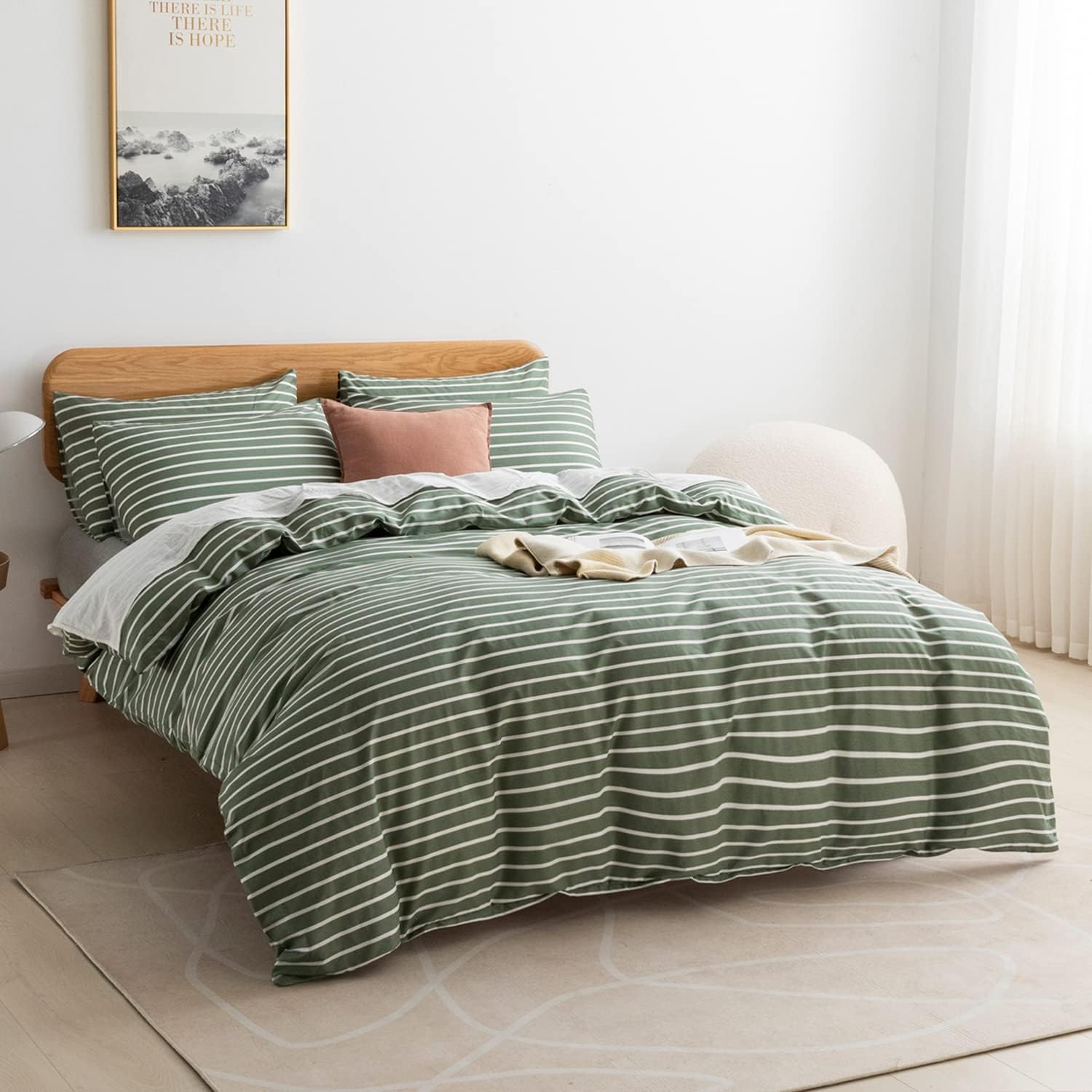 Green & White Striped Cotton Duvet Cover - Image 2