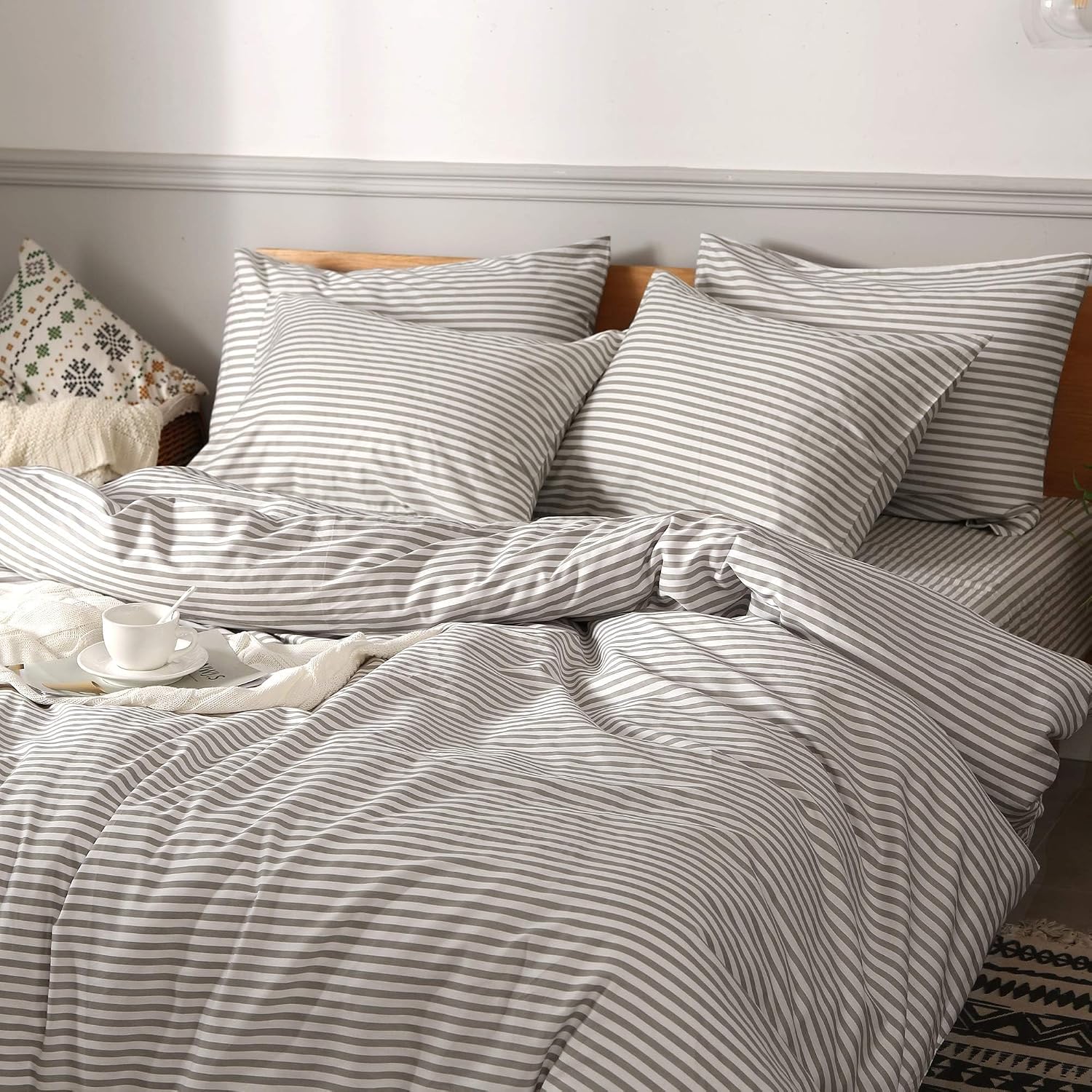 White & Grey Striped Cotton Duvet Cover - Image 2