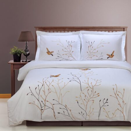 Tree & Bird Embroidered Cotton Pillowcase